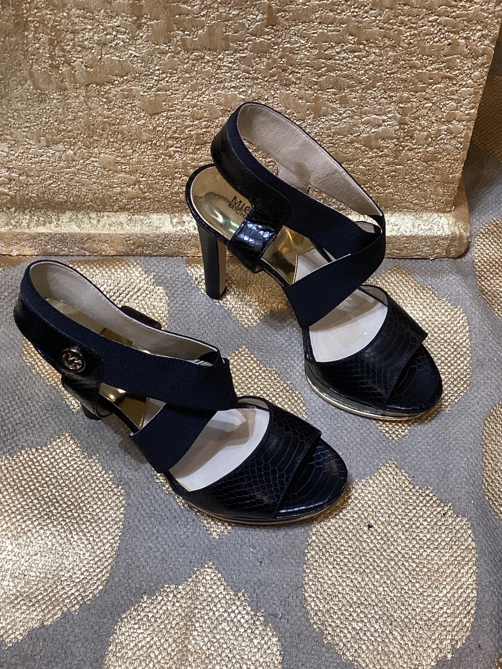 Michael Kors Black Crisscross High Heel Sandals with Gold Accent